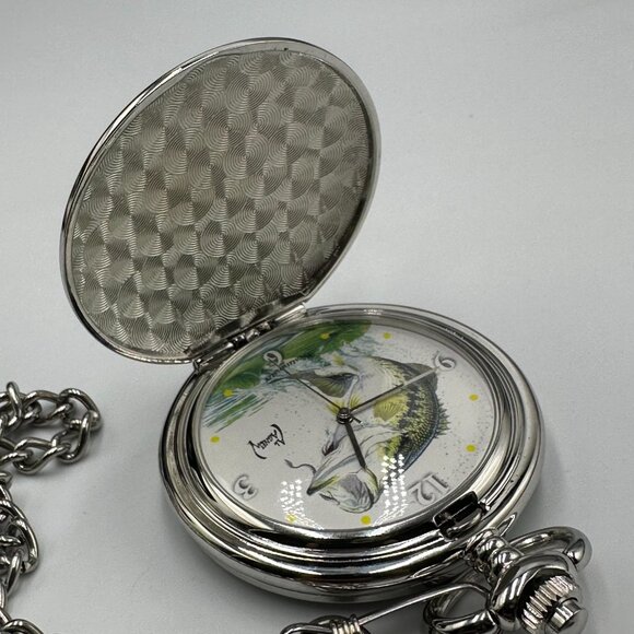 Al Agnew Pocket Watch Men Silver Tone Bass Fish Dial Chain Included New Battery - Picture 11 of 12